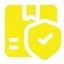 A yellow icon of a package with a clock and checkmark, representing fast or reliable delivery service.