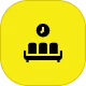 Icon of a waiting area: black silhouette of a couch with a clock above it on a yellow background.