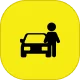 Icon of a person standing next to a car on a yellow background, possibly indicating a ride-sharing service.