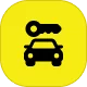 Icon with a black car and key on a yellow background, representing car rental or car access.