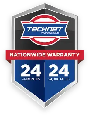 Shield-shaped badge with a TECNET logo, stating "Nationwide Warranty" for 24 months or 24,000 miles.