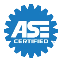 Blue ASE Certified logo with a gear shape background and white text.