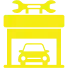 Yellow icon of a car in a garage with a wrench above, representing a car repair or service shop.