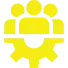 Yellow icon of three people above a gear, symbolizing teamwork and collaboration, on a black background.