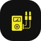 Yellow icon of an MP3 player with two cables on a black background.