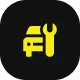 A yellow icon of a car with a wrench on the right side, symbolizing vehicle maintenance, on a black background.