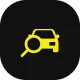 Yellow car icon with a magnifying glass on a black background, indicating a search or inspection related to vehicles.