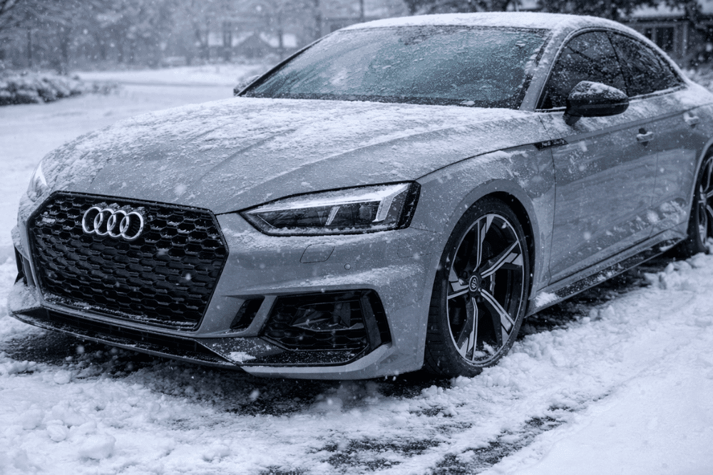 Audi cold weather problems, auto repair in Gainesville, GA by Atlanta Speedwerks. Image of a silver Audi RS parked in heavy snowfall, highlighting winter car care and European auto repair for safe cold-weather driving.