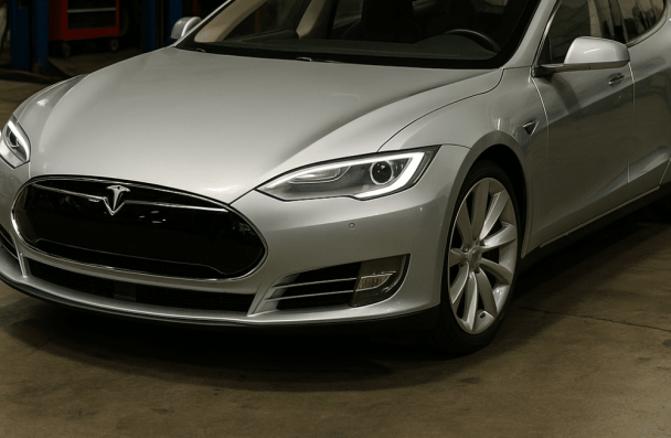 tesla maintenance, european auto repair in Gainesville, GA at Atlanta Speedwerks. A Tesla vehicle parked inside an auto repair shop.