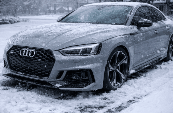 Audi cold weather problems, auto repair in Gainesville, GA by Atlanta Speedwerks. Image of a silver Audi RS parked in heavy snowfall, highlighting winter car care and European auto repair for safe cold-weather driving.